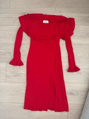 Vava by Joy Han Red Off-Shoulder Ruffle Long Sleeve Midi Dress